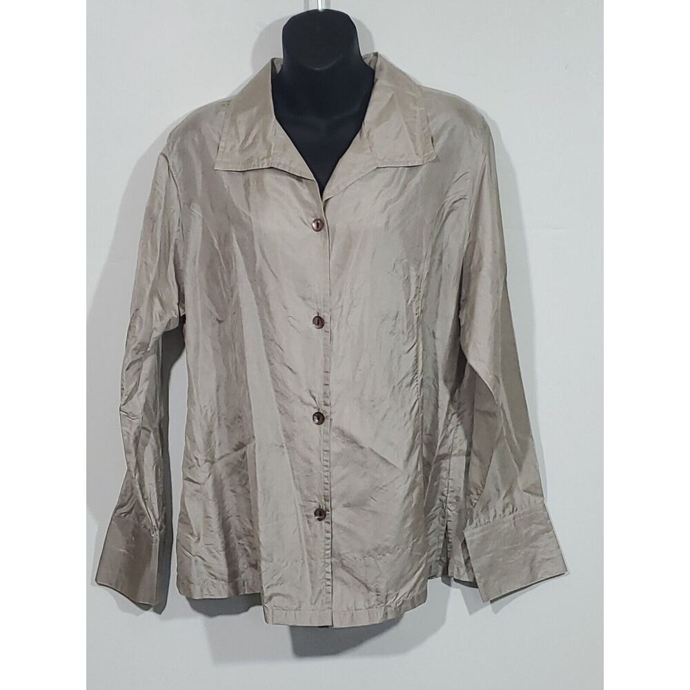 Anu Women's Large Silk V-Neck Button Down Long Sleeve Brownish Shirt Business